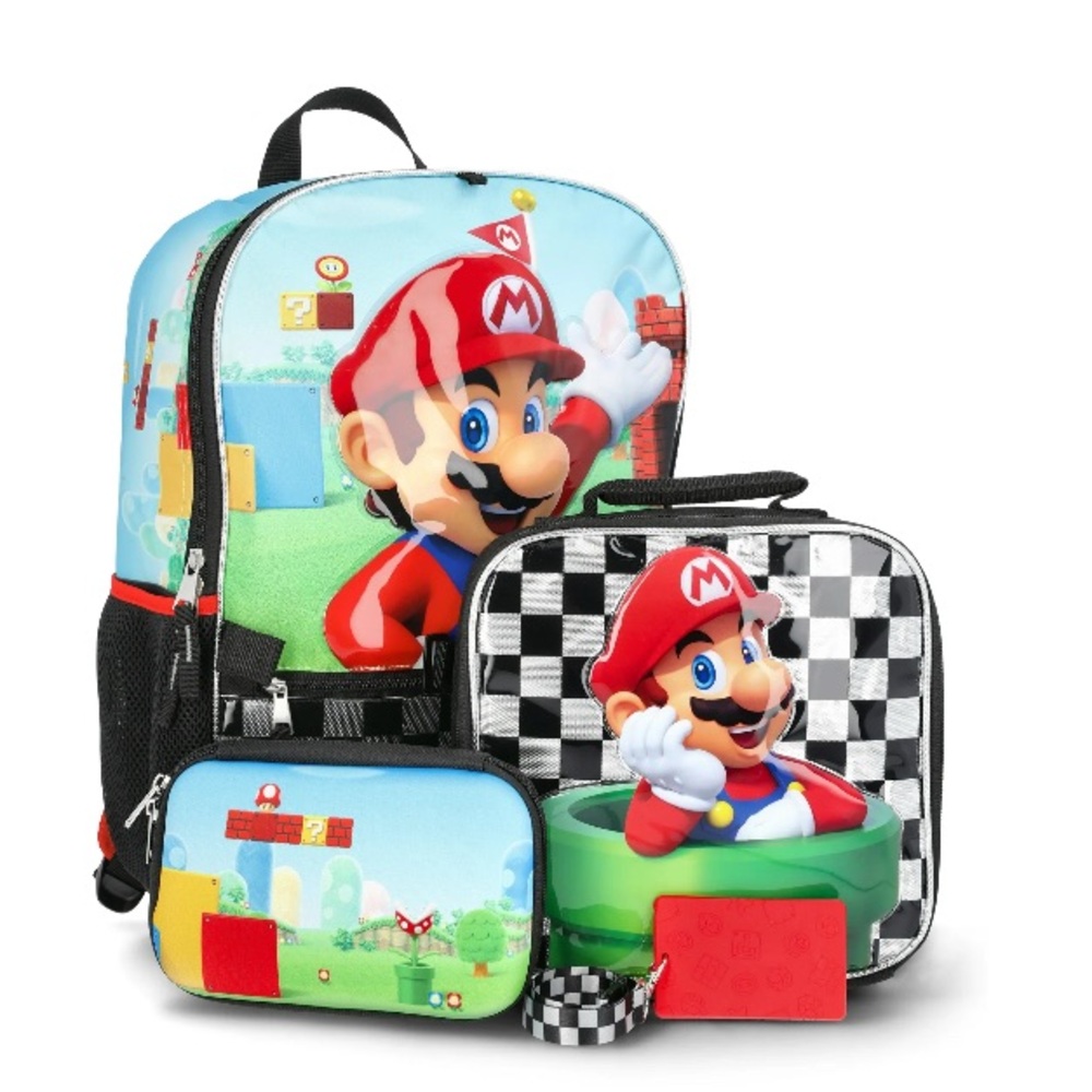 Nintendo Mario Kids Backpack and Lunchbox Set - Red, Blue, Black